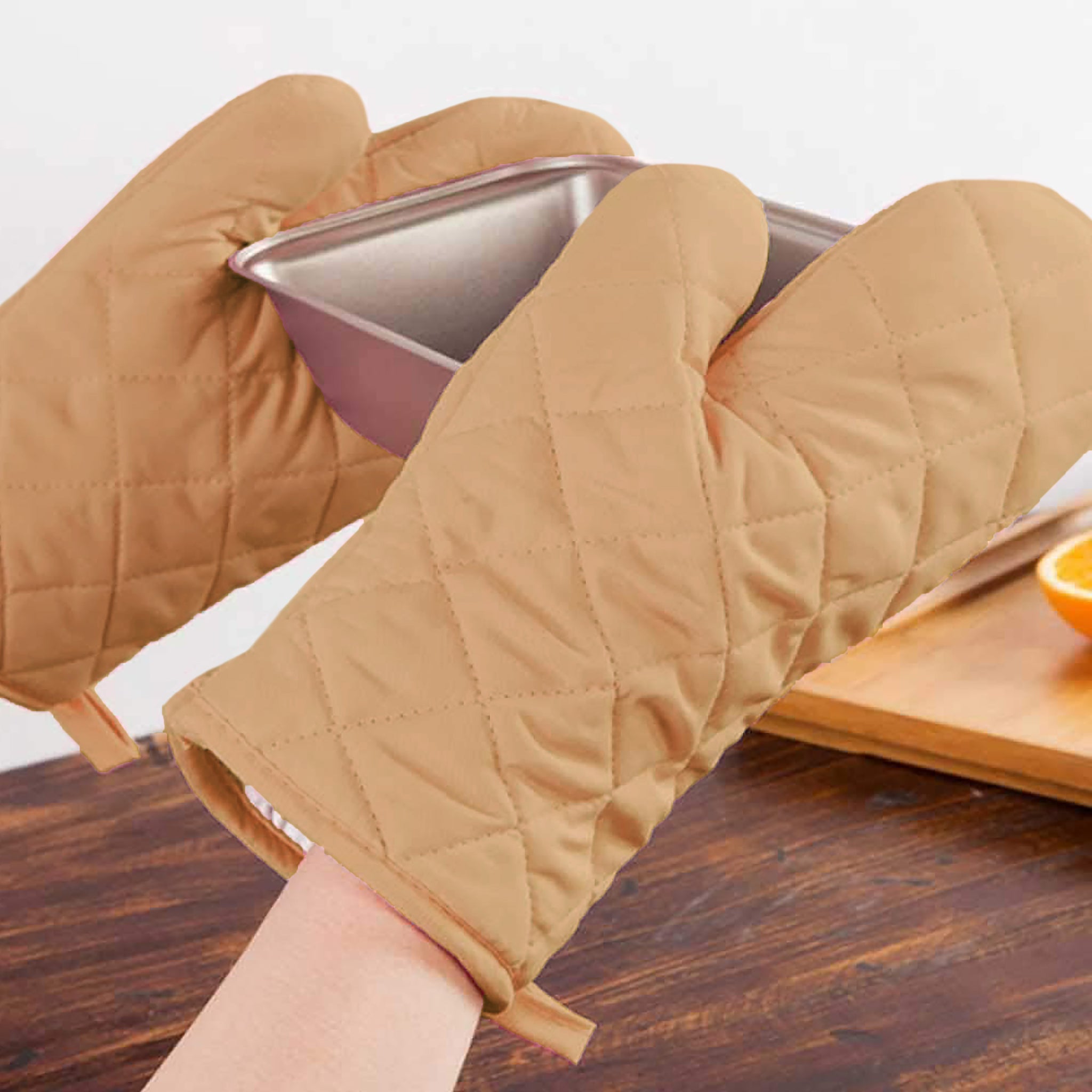 Beige Heat Resistant Thick Soft Quilted Lining Kitchen Oven Glove Mitts