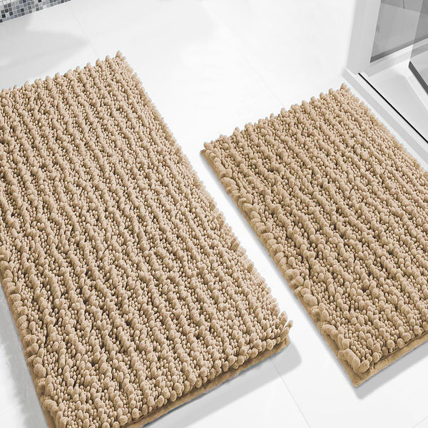 Large 2 Piece Set Beige Soft Cozy Plush Chenille Bath Mat Bathroom Rug