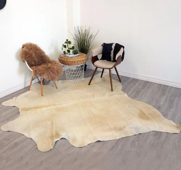6' x 7' Feet Beige Cowhide Handmade Soft Large Cow Hide Cow Skin Leather Animal Area Rug