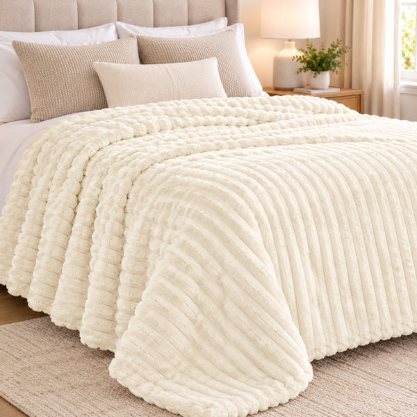 King Size Beige Ultra Soft Cozy Textured Fluffy Plush Ribbed Faux Fur Bed Blanket
