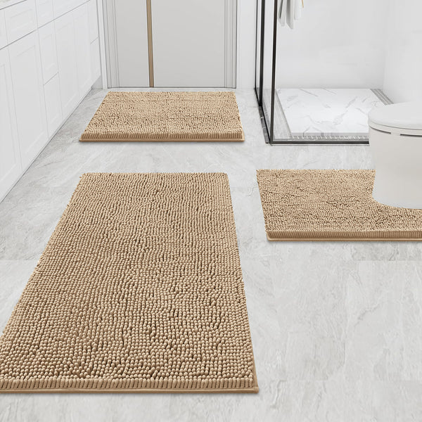3 Piece Set Beige Soft Cozy Plush Chenille Bath Mat Highly Absorbent Bathroom Rug