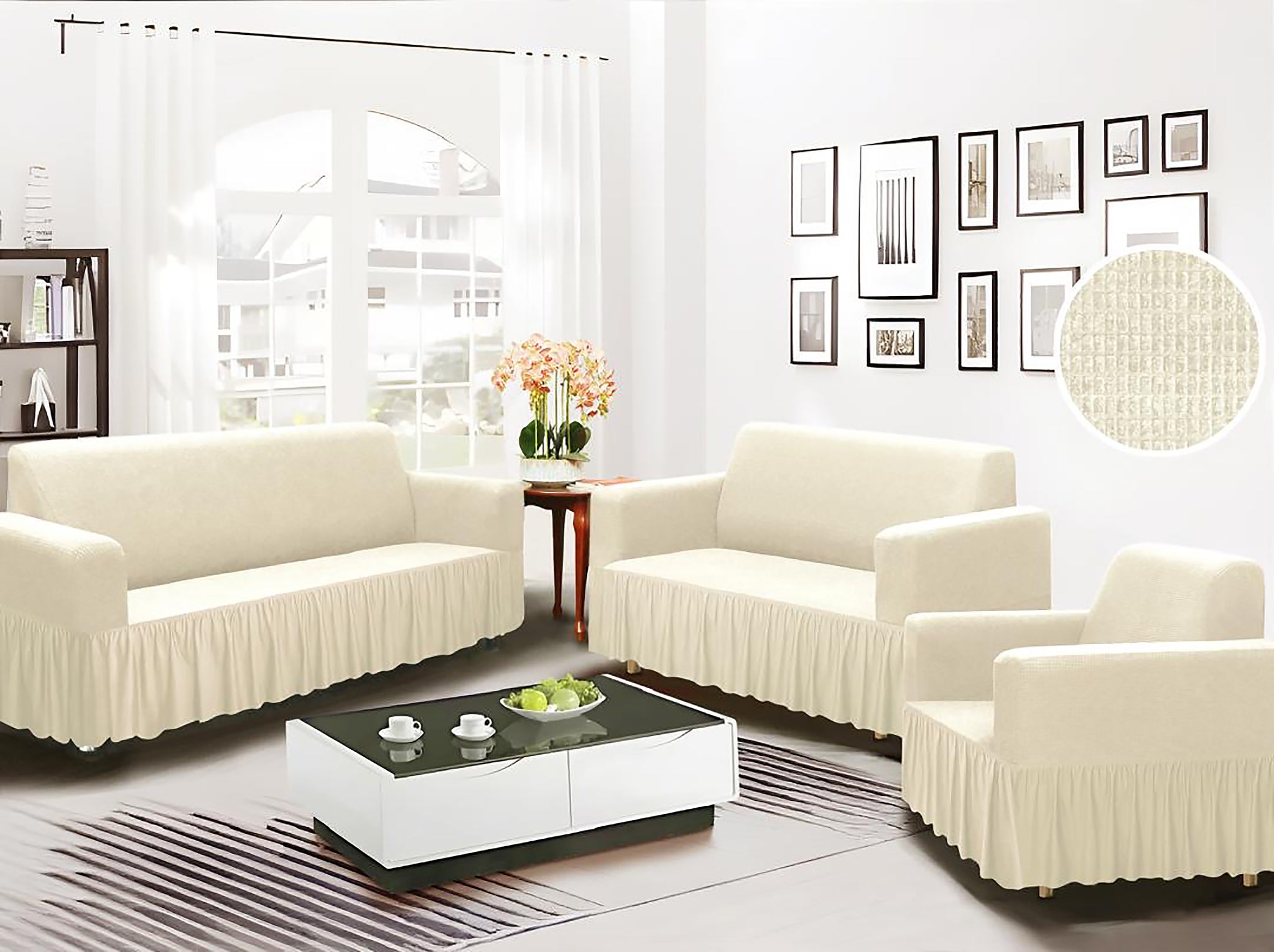 Beige 3-Piece Set 4-Way Stretch Ruffled Skirt Slipcover Sofa Loveseat & Armchair Cover Protector