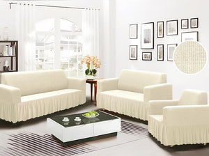 Beige 3-Piece Set 4-Way Stretch Ruffled Skirt Slipcover Sofa Loveseat & Armchair Cover Protector