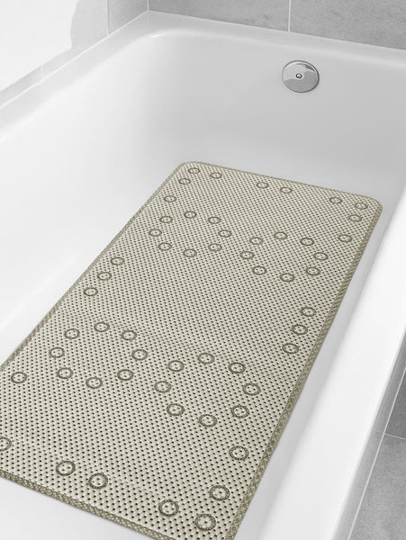 Extra Thick Long Beige Non-Slip Foam Bathtub Shower Mat With Suction Cups Fast Drying - 36" x 17"