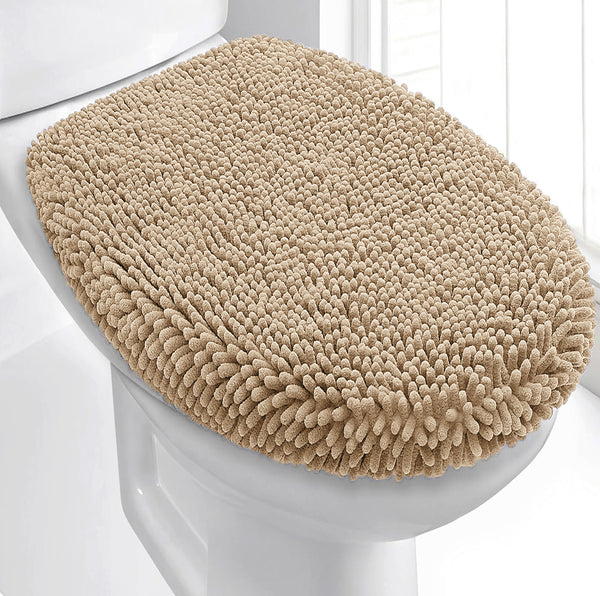 2 Piece Set Beige Soft Cozy Plush Chenille Bath Mat Bathroom Rug & Toilet Seat Cover