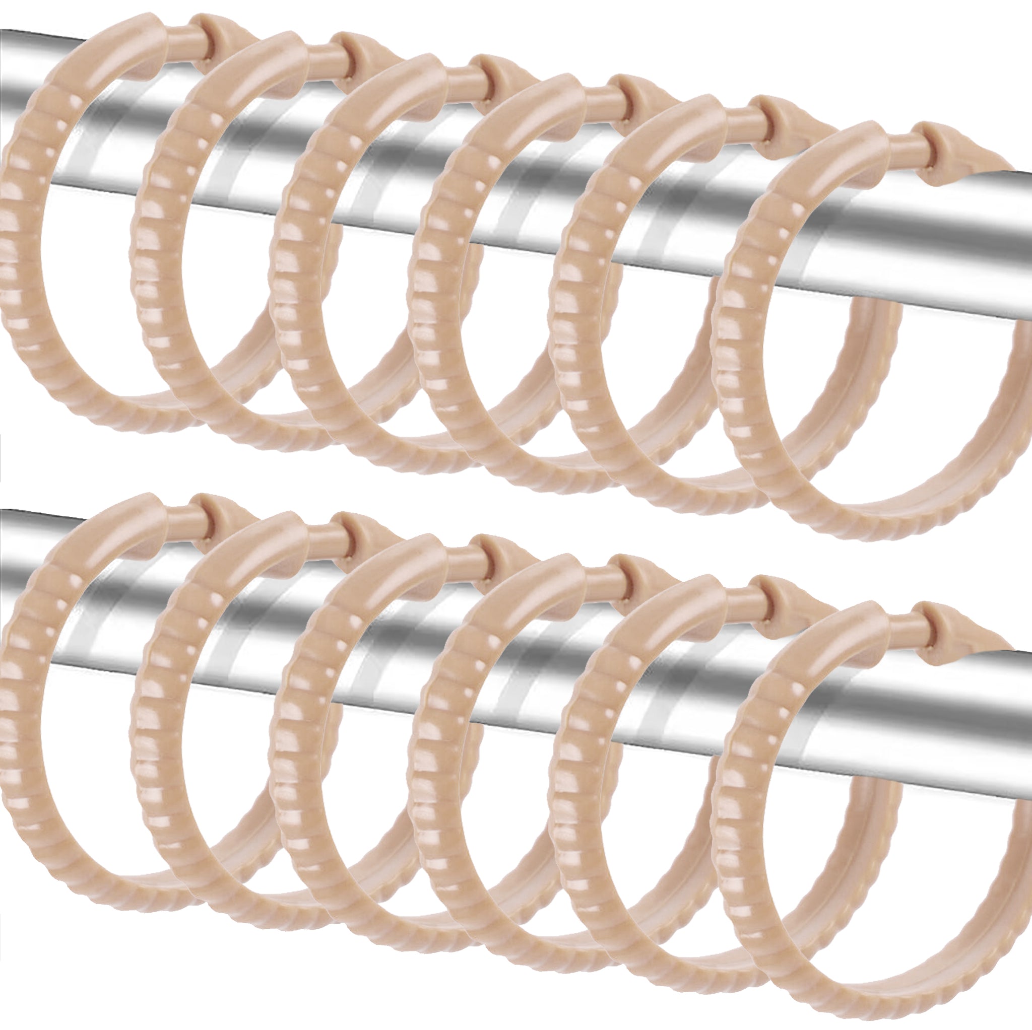 Beige 12 Piece Premium Plastic Shower Curtain Hooks Rings Round 2.25" Inches