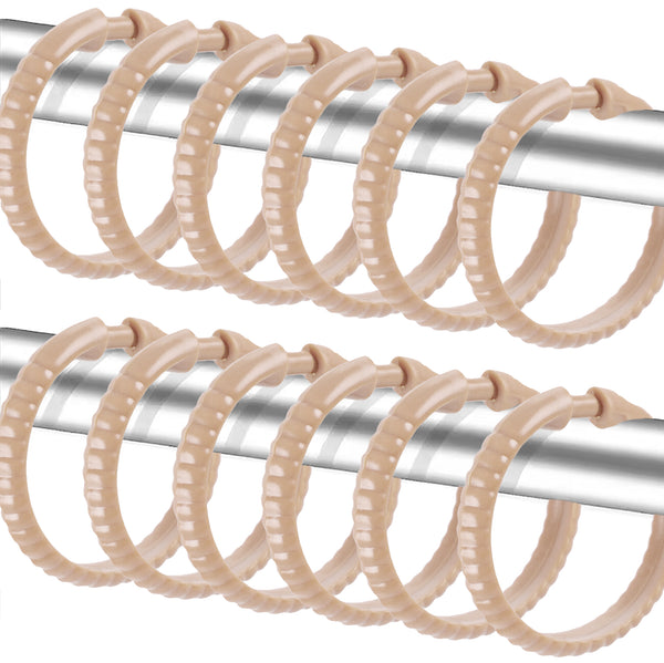 Beige 12 Piece Premium Plastic Shower Curtain Hooks Rings Round 2.25" Inches