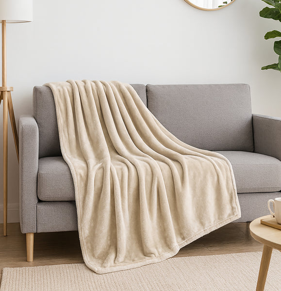 Beige Super Soft Warm Flannel Fleece Plush Microfiber Bed Throw Blanket
