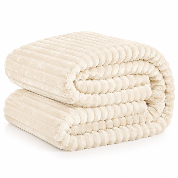 King Size Beige Ultra Soft Cozy Textured Fluffy Plush Ribbed Faux Fur Bed Blanket