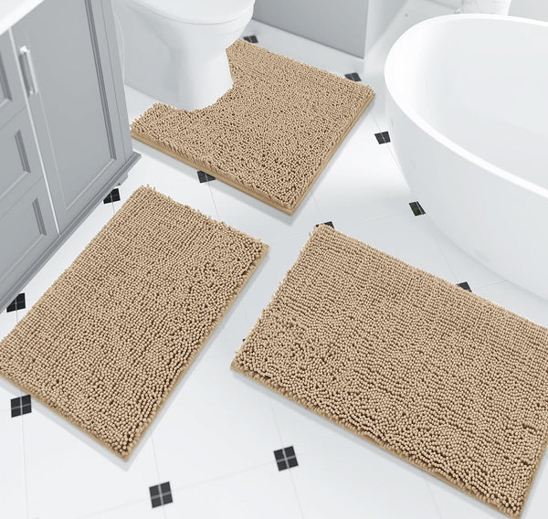 3 Piece Set Beige Soft Cozy Plush Chenille Bath Mat Highly Absorbent Bathroom Rug