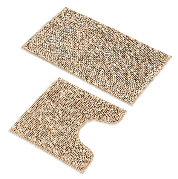 2 Piece Set Beige Soft Cozy Plush Chenille Bath Mat Bathroom Rug