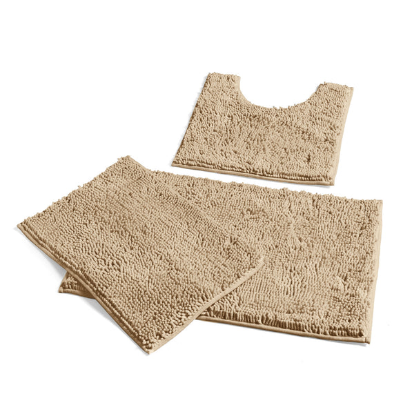 3 Piece Set Beige Soft Cozy Plush Chenille Bath Mat Highly Absorbent Bathroom Rug