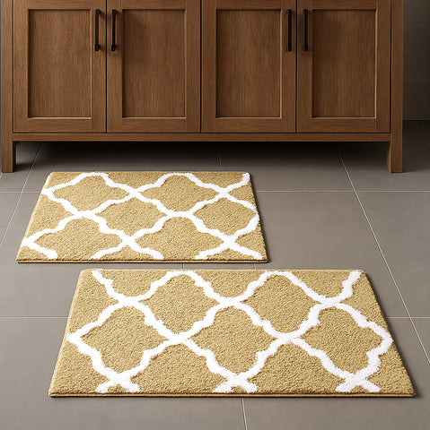 Beige 2 Piece Trellis Plush Soft Cozy 100% Cotton Bath Mat Set