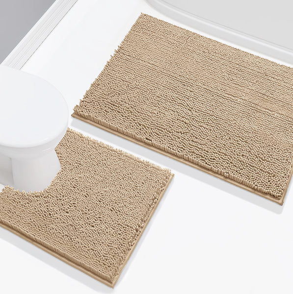 2 Piece Set Beige Soft Cozy Plush Chenille Bath Mat Bathroom Rug