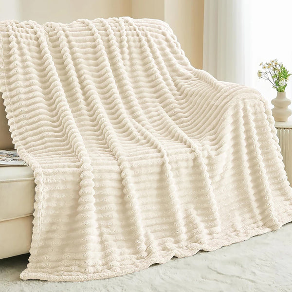 King Size Beige Ultra Soft Cozy Textured Fluffy Plush Ribbed Faux Fur Bed Blanket