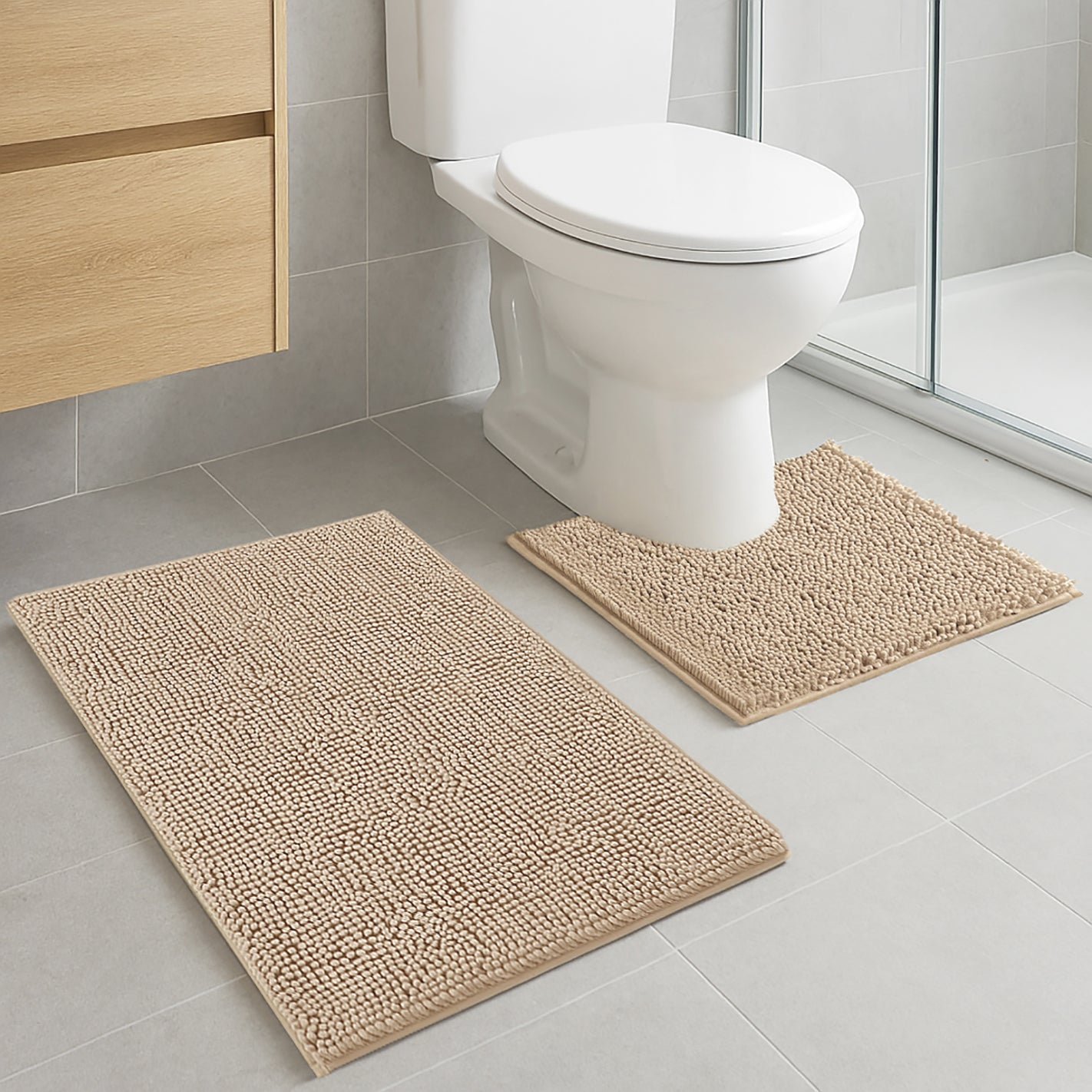2 Piece Set Beige Soft Cozy Plush Chenille Bath Mat Bathroom Rug