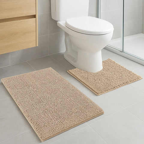 2 Piece Set Beige Soft Cozy Plush Chenille Bath Mat Bathroom Rug