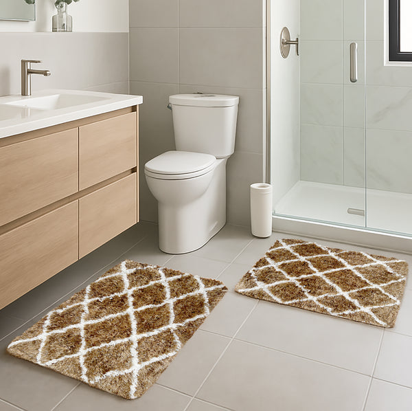 Beige 2 Piece Trellis Plush Thick Soft Cozy Microfiber Bath Mat Set