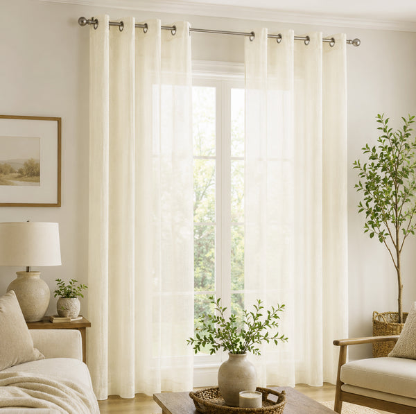Beige Sheer Light Filtering Grommet Window Curtain Panel Set - 108" Long