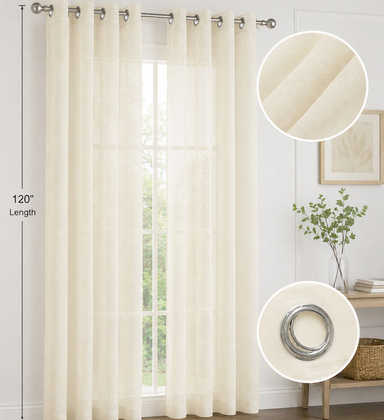Beige Sheer Light Filtering Grommet Window Curtain Panel Set - 120" Long