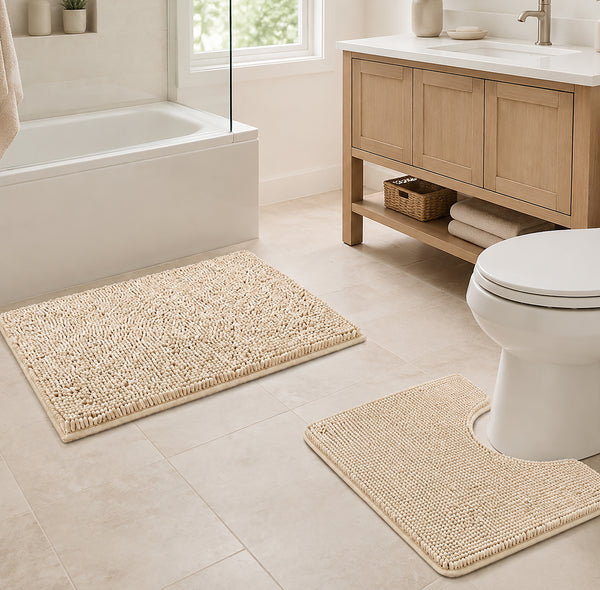 2pc Chenille Bath Mat Set, 20"x30" Rectangular Rug and 20"x20" Contour Toilet Mat, Birch