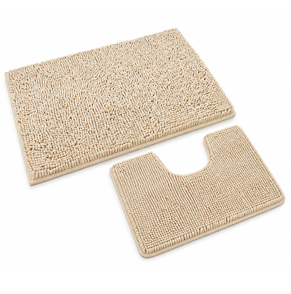 2pc Chenille Bath Mat Set, 20"x30" Rectangular Rug and 20"x20" Contour Toilet Mat, Birch