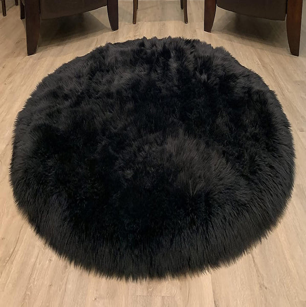 3x3 Feet Round Black Faux Fur Sheepskin Soft Plush Fuzzy Rug