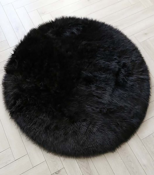 3x3 Feet Round Black Faux Fur Sheepskin Soft Plush Fuzzy Rug