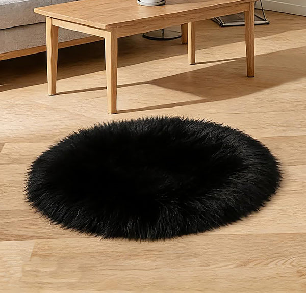 3x3 Feet Round Black Faux Fur Sheepskin Soft Plush Fuzzy Rug