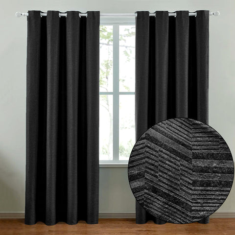 108" Long - 2 Piece Black Solid Silky Geometric Embossed Blackout Grommet Window Curtain Panel Set
