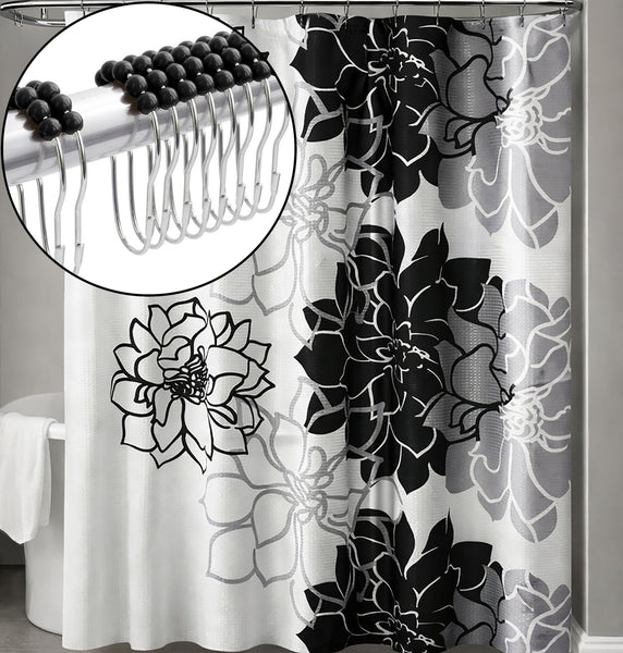 72" x 72" - Black Floral Fabric Textured Glam luxury Shower Curtain With 12 Metal Roller Ball Hooks