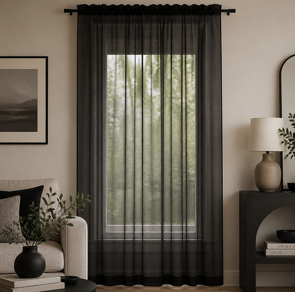 1 Piece Black Sheer Rod Pocket Window Curtain Panel - 84" Inches Long
