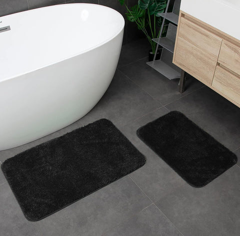 Large 2 Piece Black Microfiber Soft Thick Plush Bath Mat Set