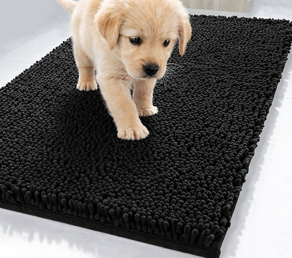 23" x 15" - Black Dog Door Mat Non-Slip Super Absorbent Quick Dry Chenille Microfiber Washable Pet Rug for Muddy Paws