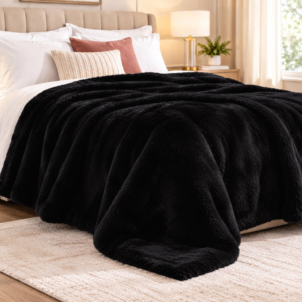 King Size Black Ultra Soft Plush Fluffy Luxury Cozy Warm Fuzzy Faux Rabbit Fur Bed Blanket