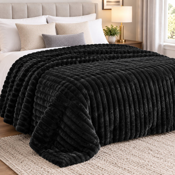 King Size Black Ultra Soft Cozy Textured Fluffy Plush Ribbed Faux Fur Bed Blanket