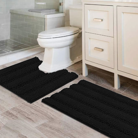 2 Piece Black Soft Cozy Plush Chenille Bath Mat & Contour Bath Rug