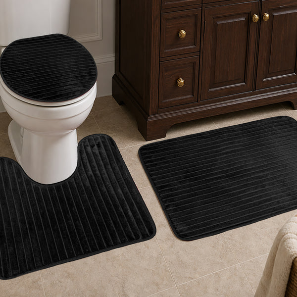 3 Piece Black Solid Stripes Textured Ultra Soft Thick Memory Foam Non-Slip Absorbent Bathroom Bath Mat Set