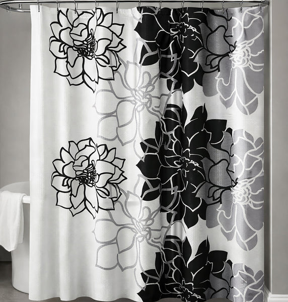 72" x 72" - Black Floral Fabric Textured Glam luxury Shower Curtain With 12 Metal Roller Ball Hooks