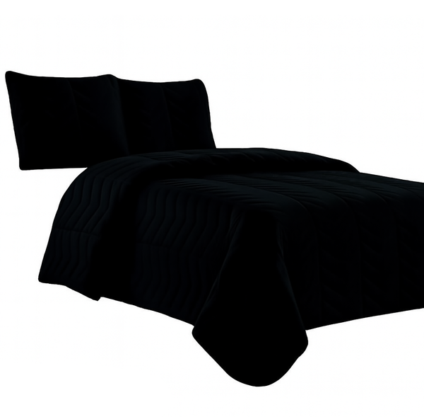 Black 3 Piece Modern Geometric Solid Soft Plush Cozy Bedspread Quilt Set