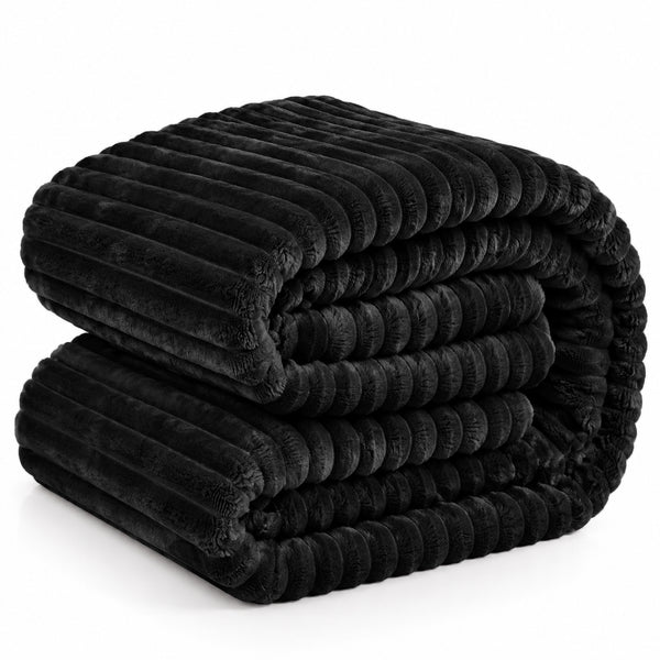 King Size Black Ultra Soft Cozy Textured Fluffy Plush Ribbed Faux Fur Bed Blanket