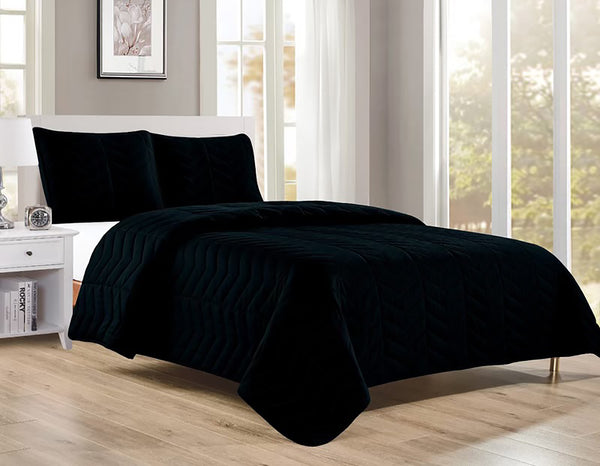 Black 3 Piece Modern Geometric Solid Soft Plush Cozy Bedspread Quilt Set