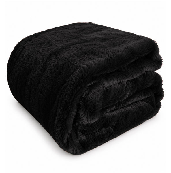 King Size Black Ultra Soft Plush Fluffy Luxury Cozy Warm Fuzzy Faux Rabbit Fur Bed Blanket