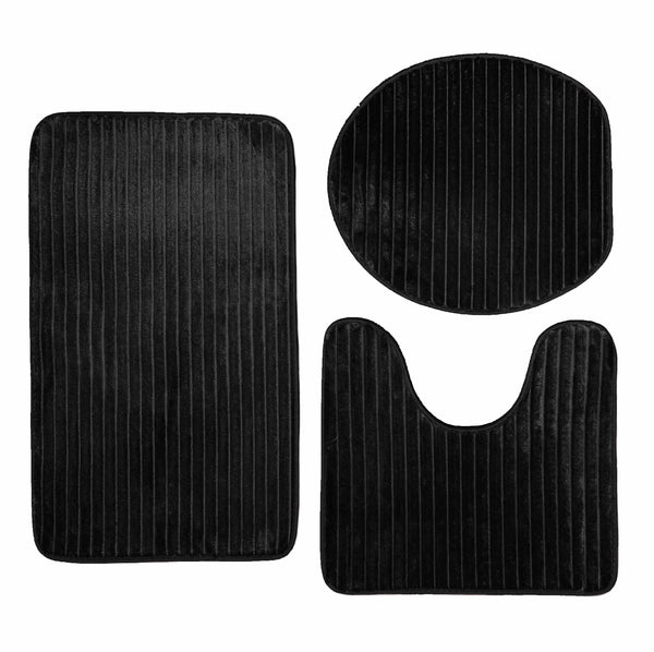 3 Piece Black Solid Stripes Textured Ultra Soft Thick Memory Foam Non-Slip Absorbent Bathroom Bath Mat Set