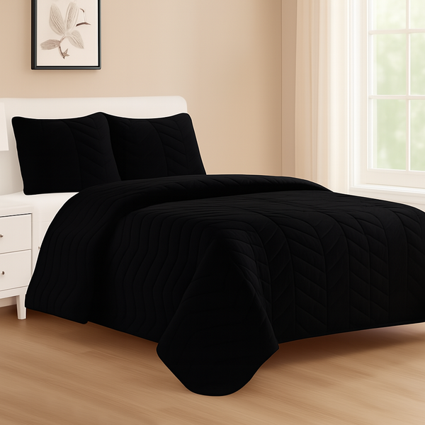 Black 3 Piece Modern Geometric Solid Soft Plush Cozy Bedspread Quilt Set