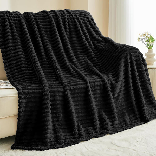 King Size Black Ultra Soft Cozy Textured Fluffy Plush Ribbed Faux Fur Bed Blanket