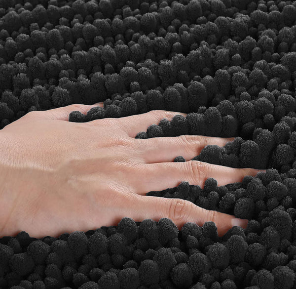 Large 2 Piece Set Black Soft Cozy Plush Chenille Bath Mat Bathroom Rug