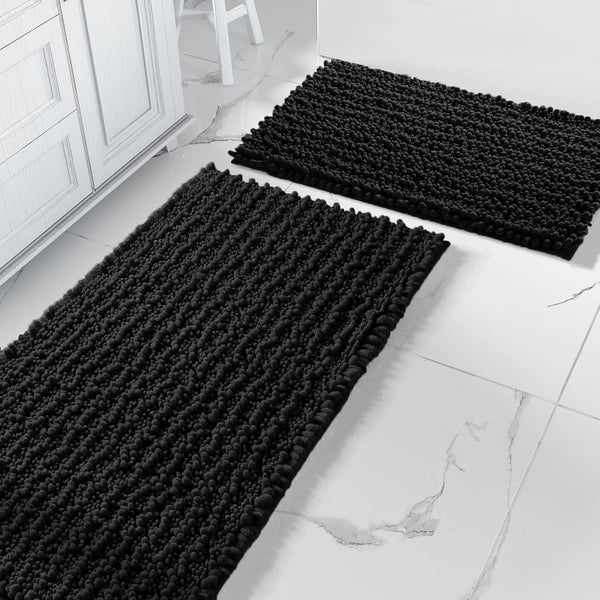 Large 2 Piece Set Black Soft Cozy Plush Chenille Bath Mat Bathroom Rug