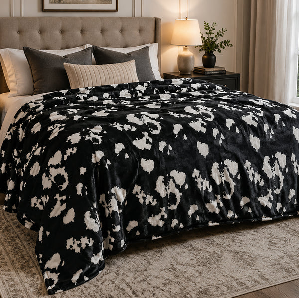 Black White Cow Print Extra Soft Cozy Microfiber Solid Color Throw Picnic Sofa Bed Blanket