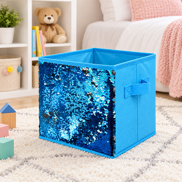 4 Pack Set Blue Silver Collapsible Fabric Storage Cube Bin Decorative Organizer Basket with Reversible Sequins - 10" Tall